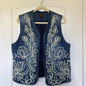 90s Vintage Embroidered Denim Vest with Floral Design